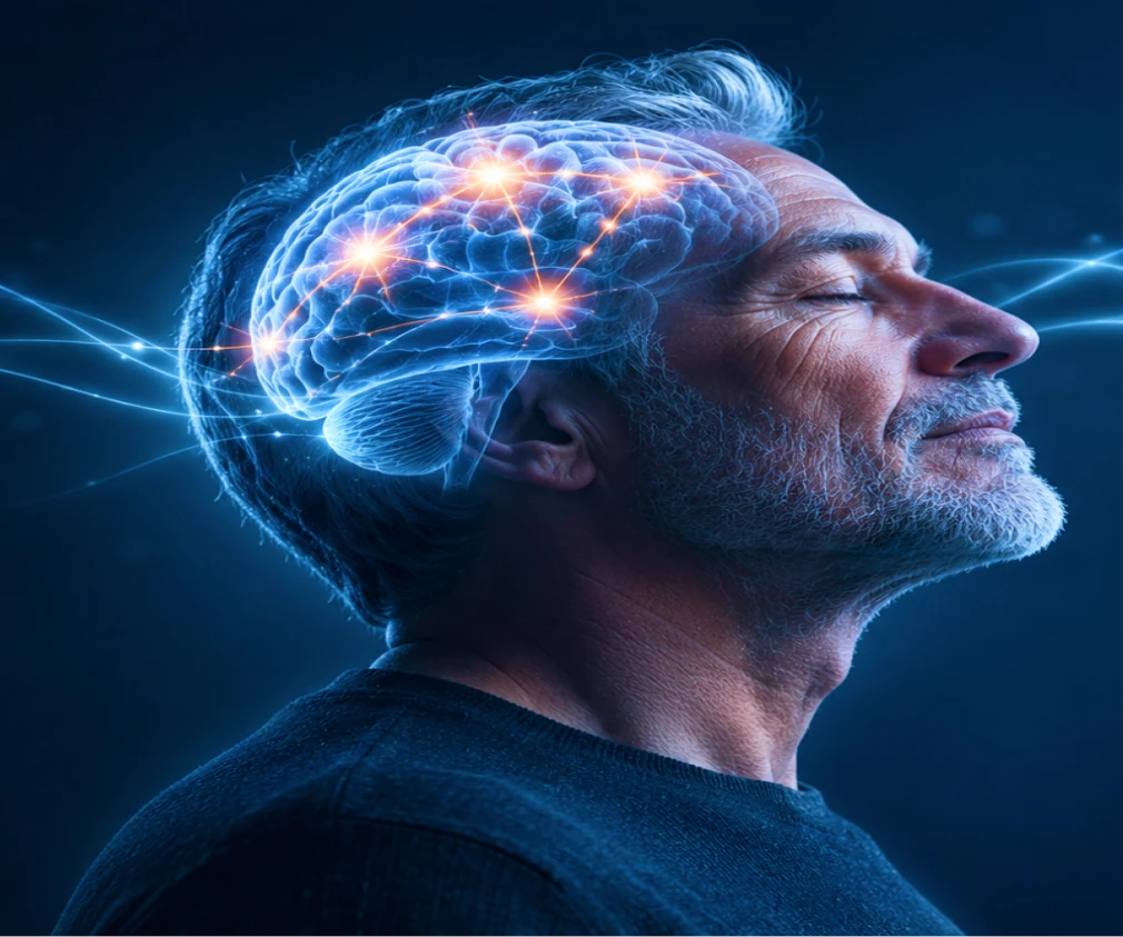 Man with an illuminated visualization of the brain