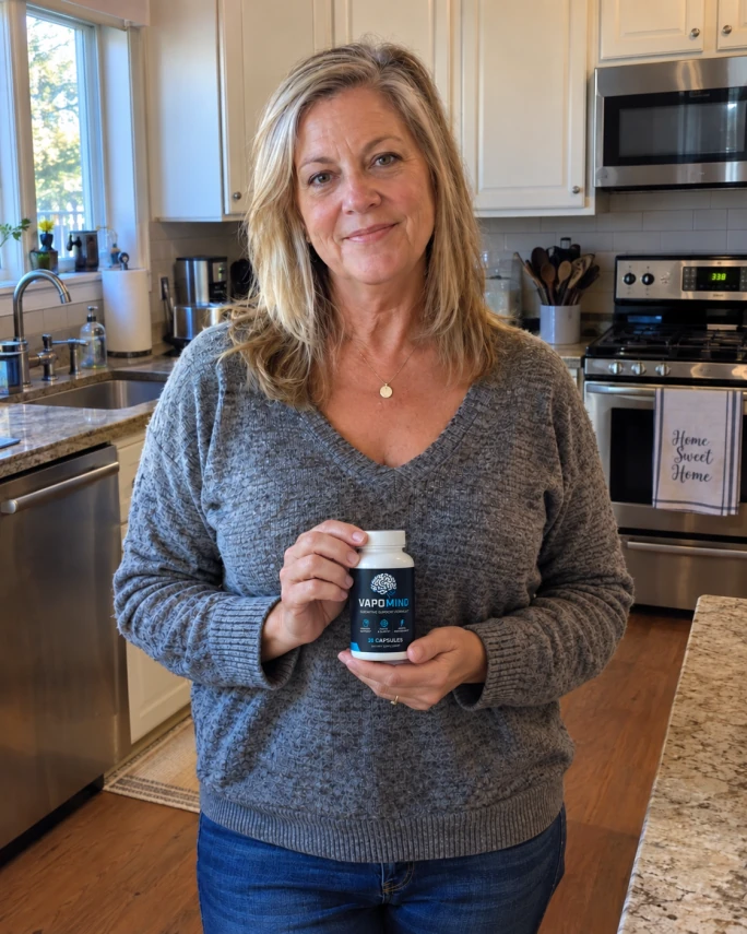 Patricia holding a VapoMind bottle